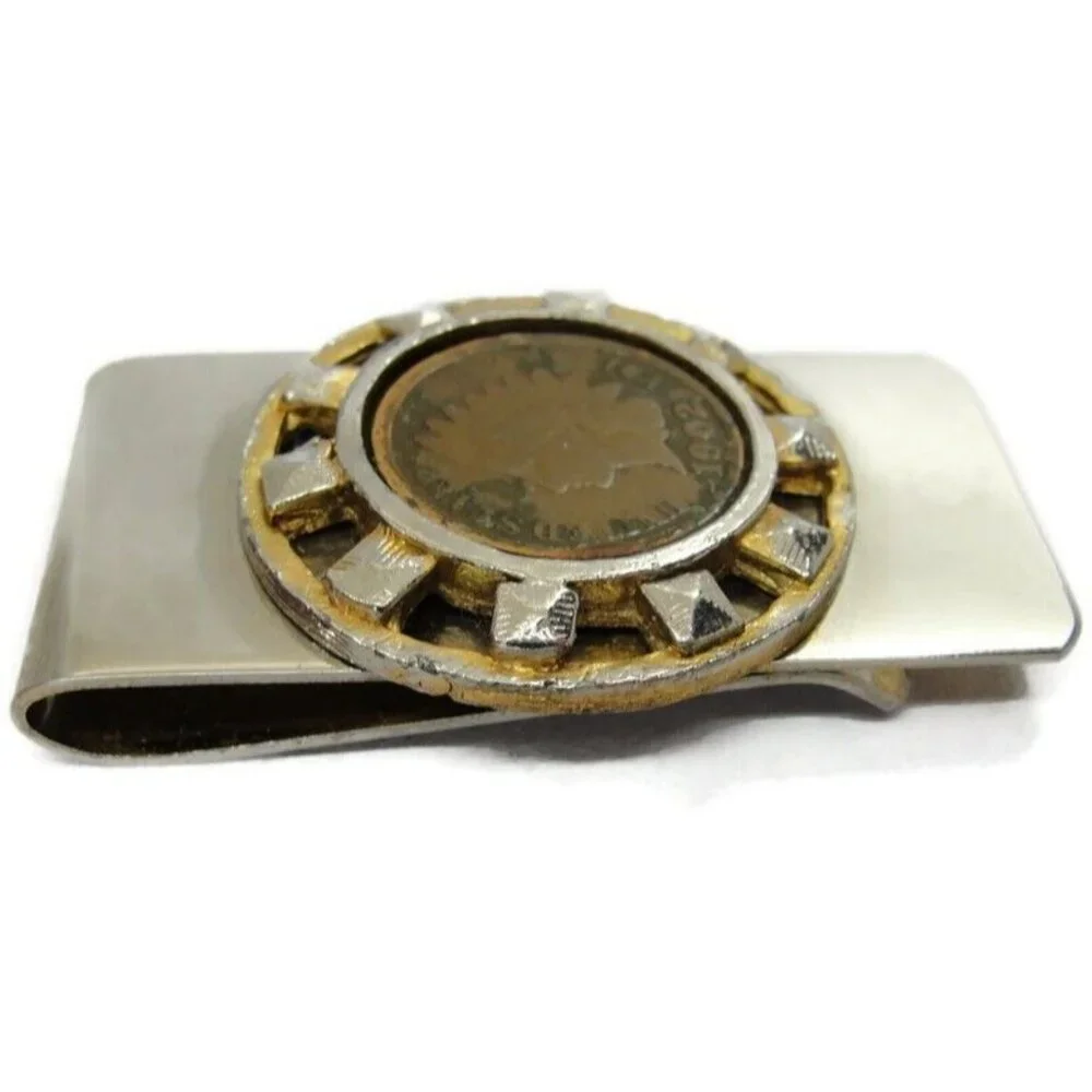 Vintage 1902 Indian Head Penny Silver and Gold Tone Money Clip Men
